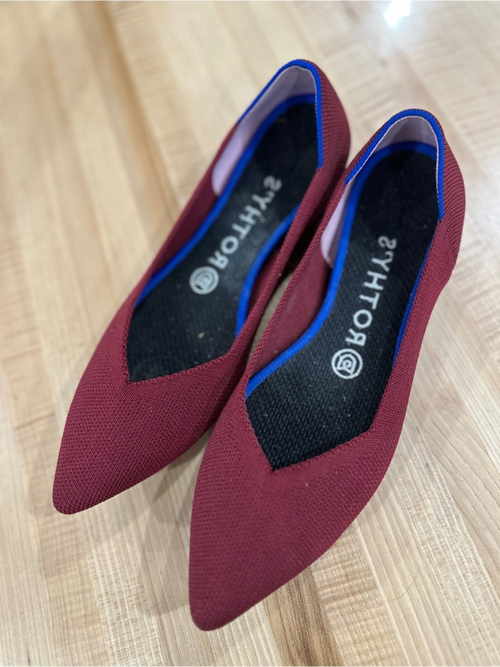Rothy's Women's Pointed-Toe Flats in Burgundy with Blue Trim